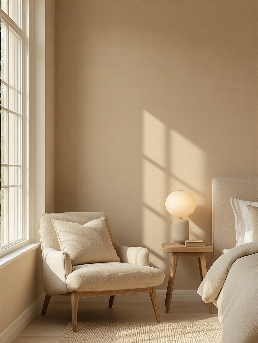 Serene beige bedroom corner with matte finish walls showcasing warm and soft light-absorbing paint
