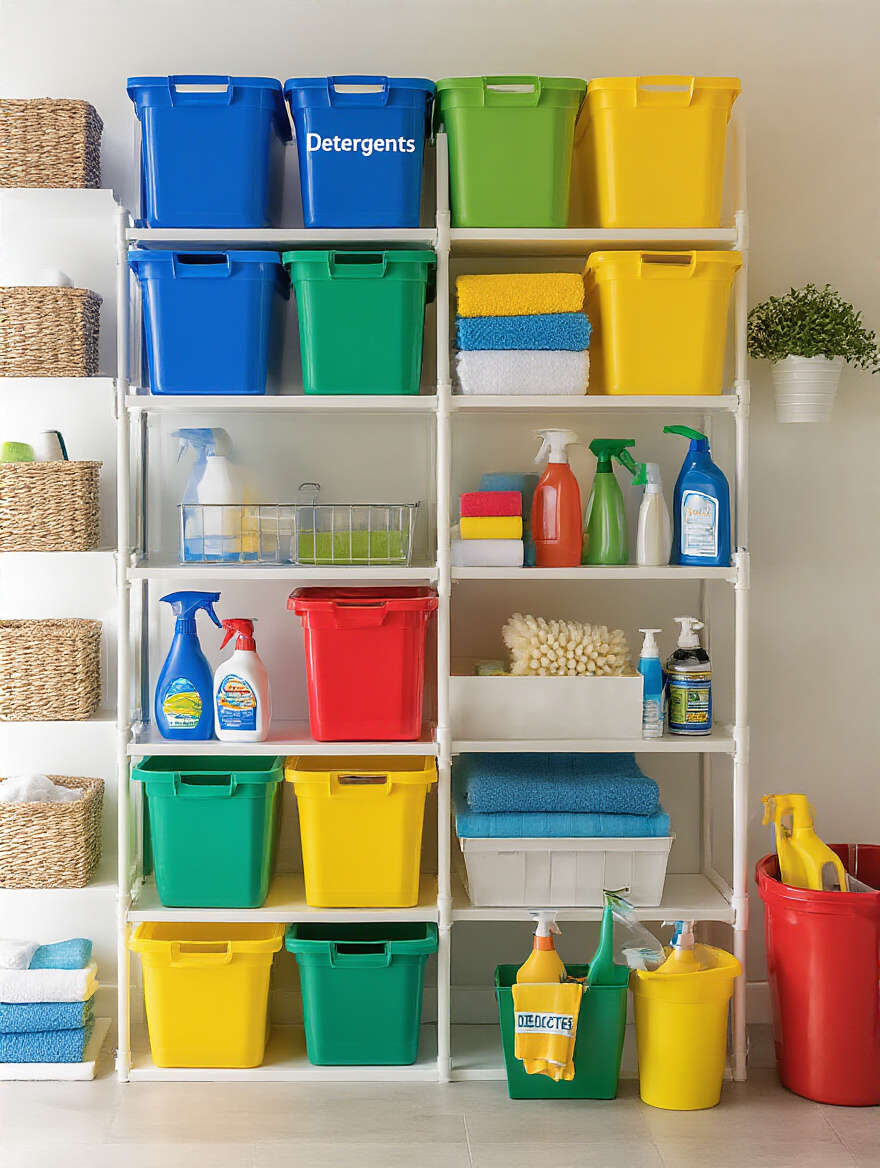 Color-coded storage bins for cleaning supplies in a well-organized laundry area