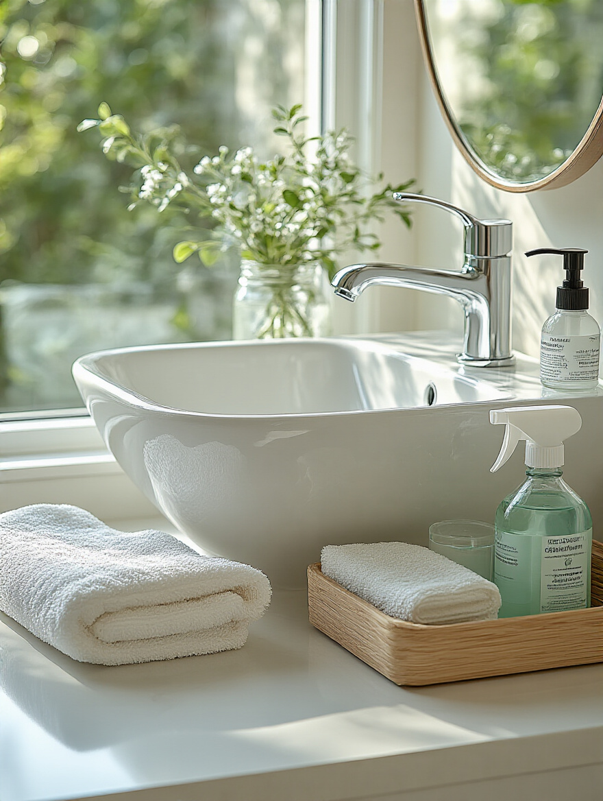 Minimalist bathroom vanity with spotless sink and faucet, eco-friendly cleaning supplies, and natural daylight highlighting daily wipe-down cleanliness