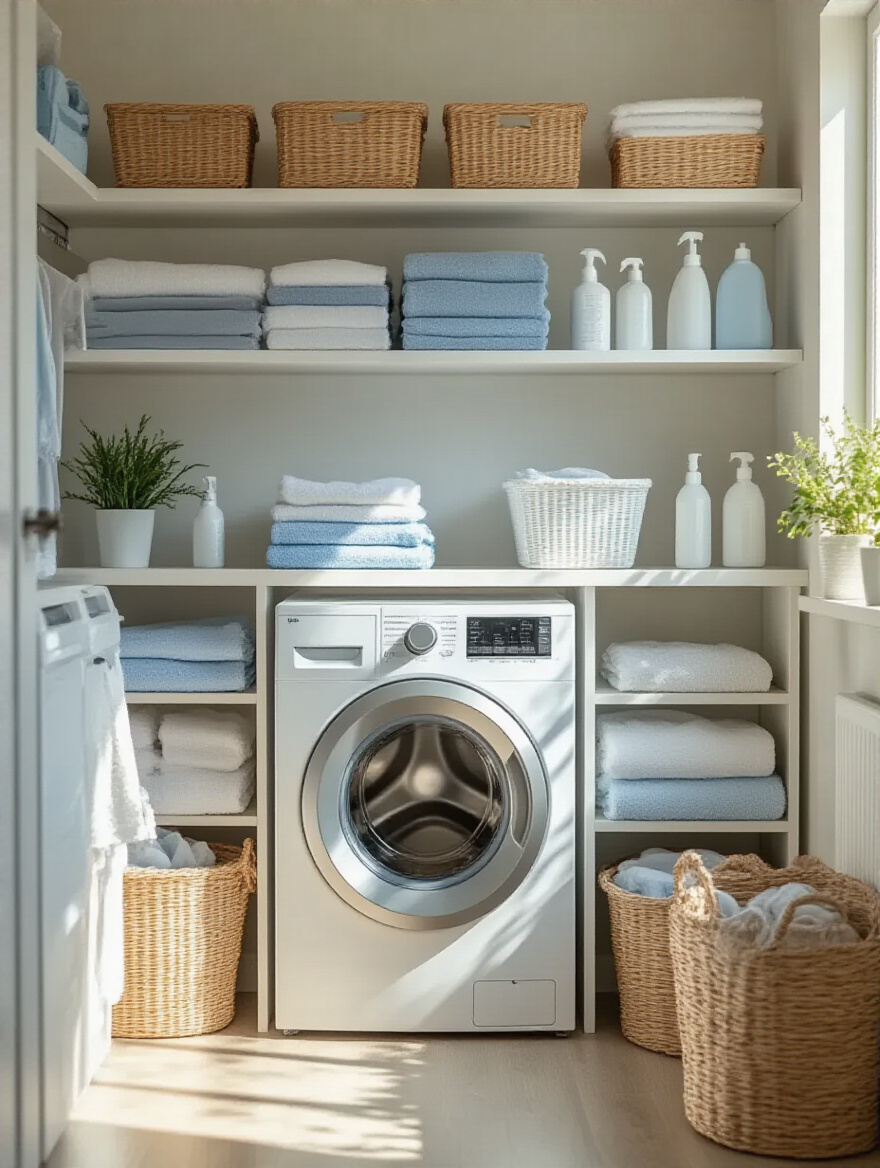 Organized laundry zone with neatly arranged supplies and clean surfaces
