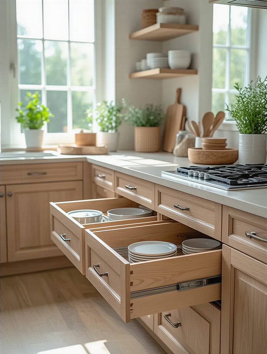 Organized kitchen cabinet with pull-out sliding drawers showcasing accessible storage.