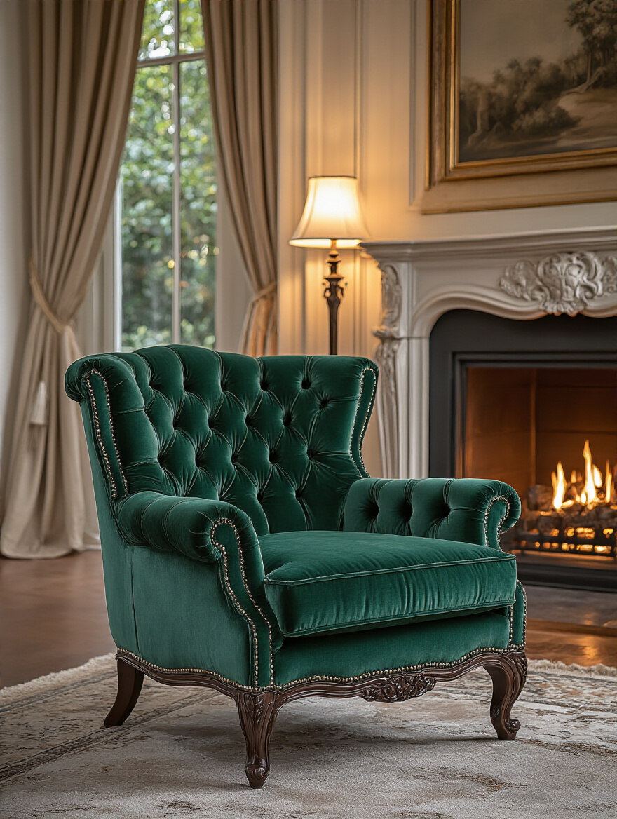Elegant living room chair with deep diamond tufting and channel stitching in rich emerald velvet upholstery, near a fireplace with warm lighting