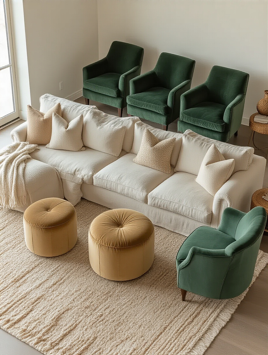 Living room with cohesive color palette featuring oatmeal sofa, forest green velvet chairs, and muted gold accents