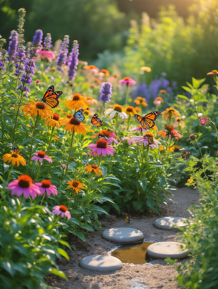 Portrait image of a vibrant butterfly garden with native nectar plants and butterflies in warm natural sunlight