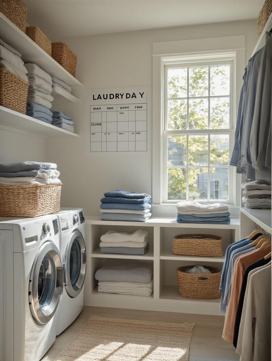 Organized laundry room with a dedicated laundry day schedule on the wall