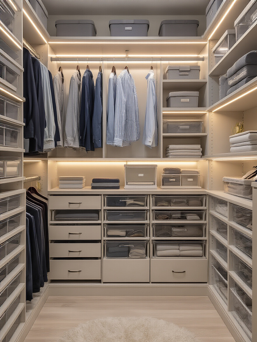 Highly organized and efficient closet system with modular shelves, velvet hangers, and clear storage bins