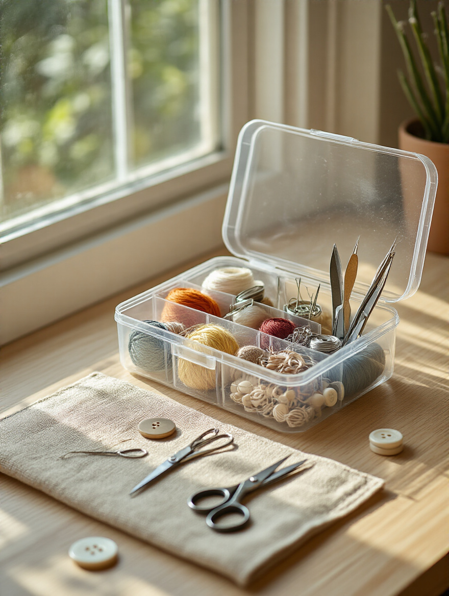 Organized mending kit station with threads, needles, and scissors on a wooden table