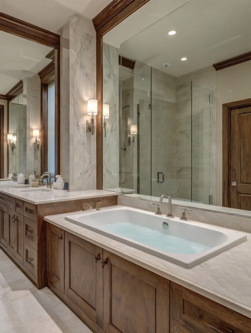 Elegant master bathroom design featuring a spacious layout with modern amenities.