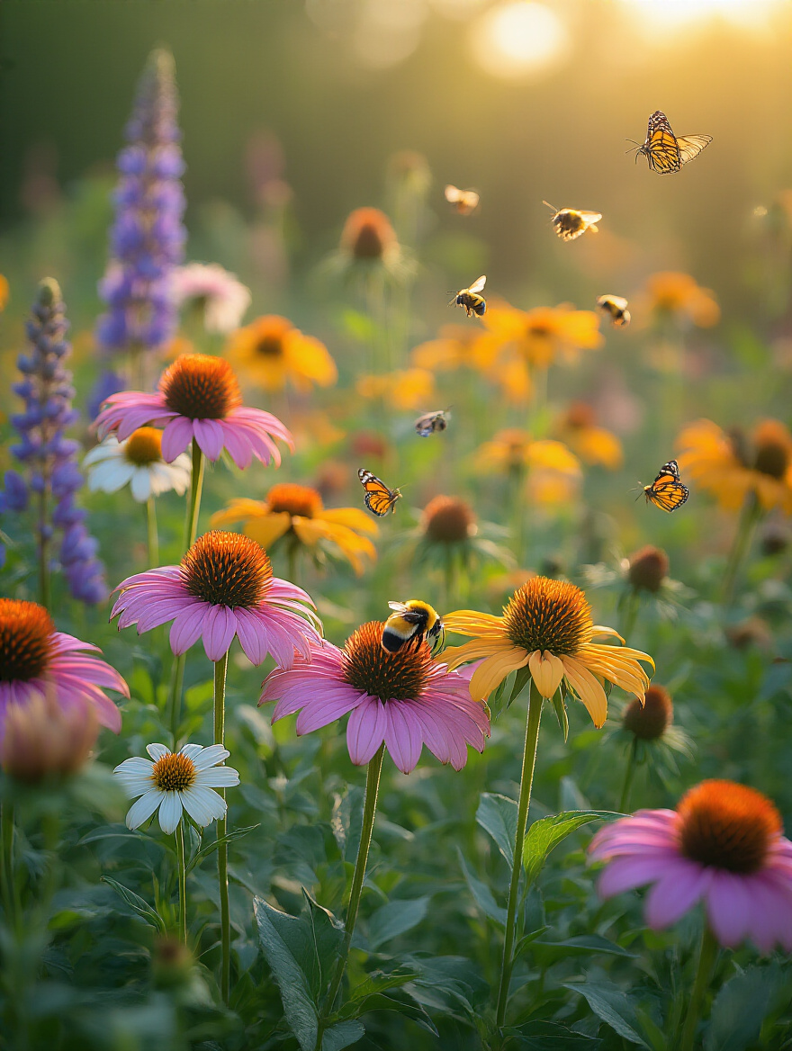 Close-up portrait photo of a colorful pollinator-friendly flower patch with bees and butterflies on native flowers during golden hour