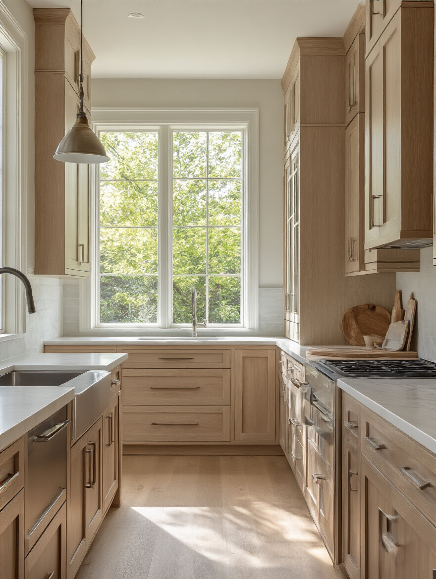 Modern kitchen with various cabinetry styles and finishes showcasing aesthetic appeal.