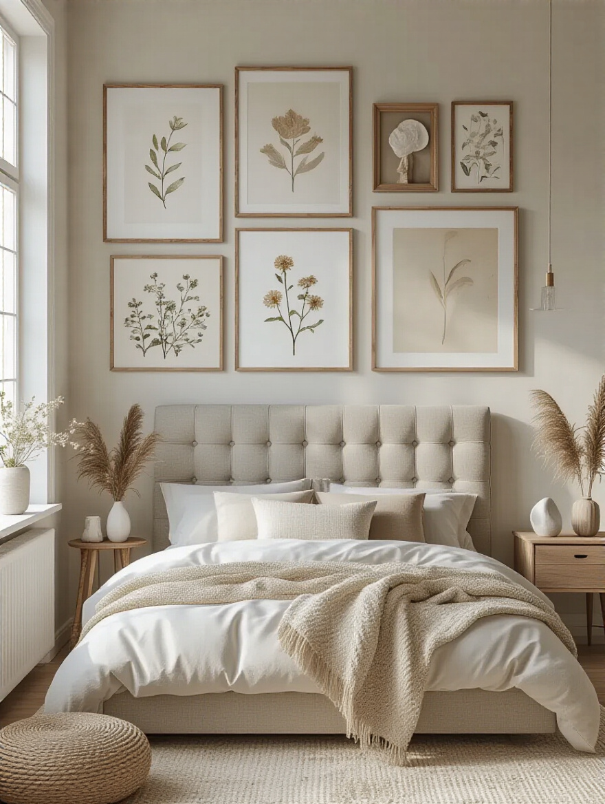 Curated gallery wall of personalized art and decor above a bed in a serene bedroom setting