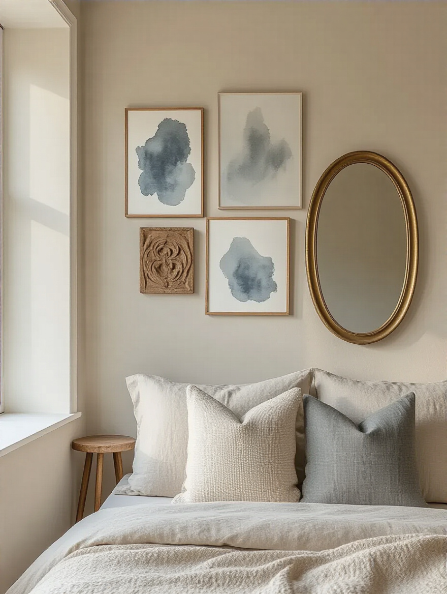 Serene beige bedroom wall with distinctive wall art and brass-framed oval mirror reflecting natural light
