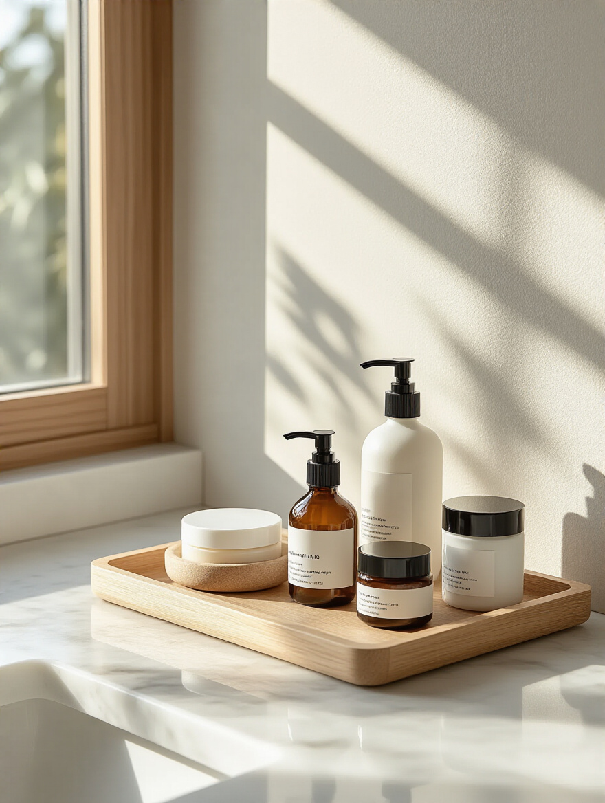 Minimalist bathroom countertop with essential personal care products neatly arranged on a wooden tray in soft natural light