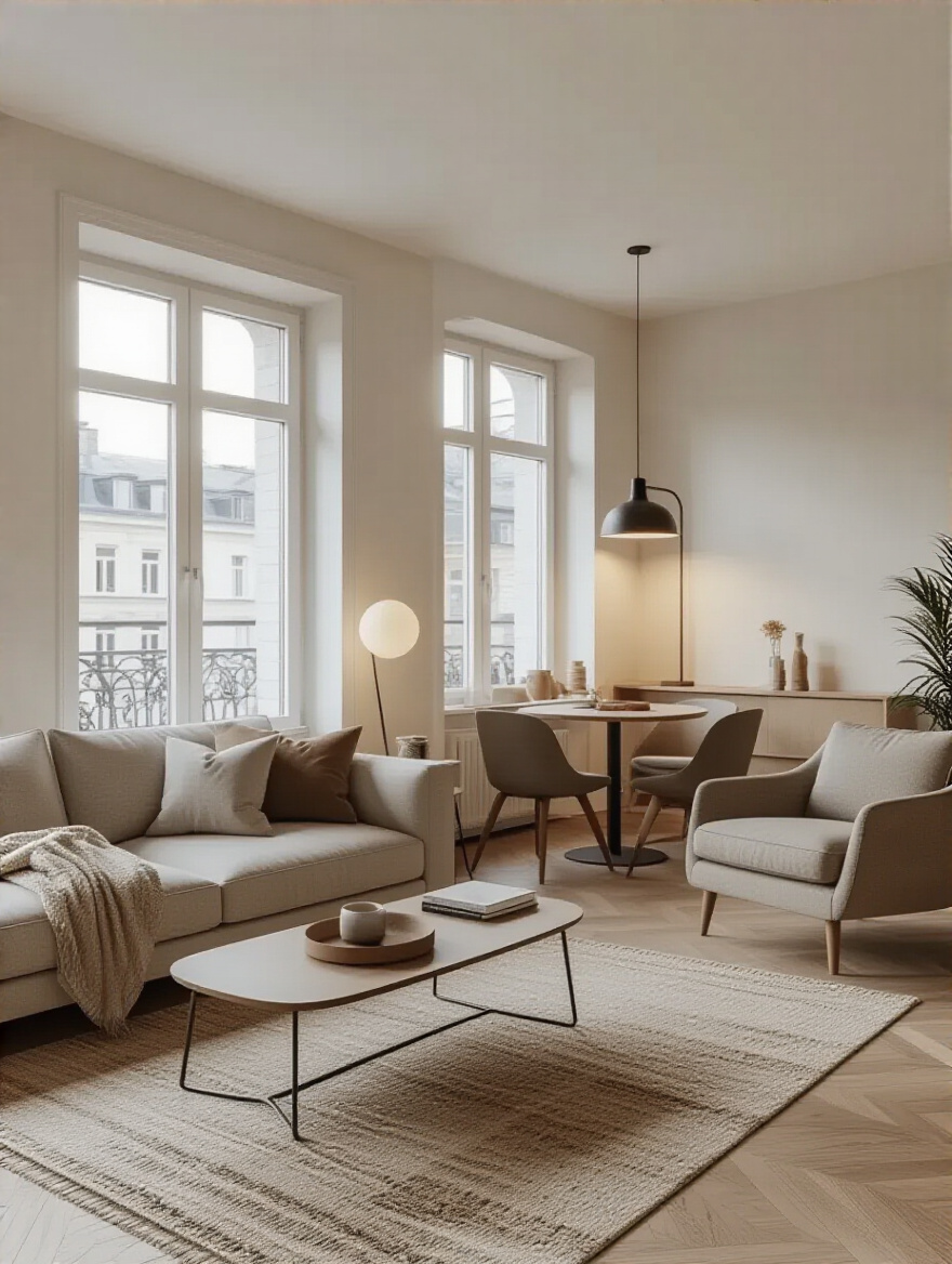 Modern apartment living room with clearly defined lounging, dining, and reading zones using rugs and furniture arrangement