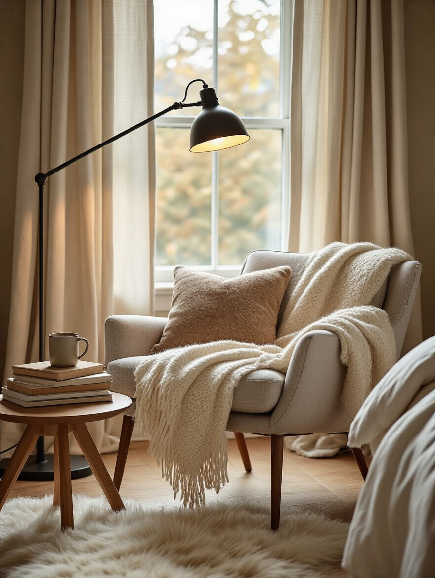 Cozy reading nook with ergonomic armchair, warm lighting, and layered textures in a bedroom corner