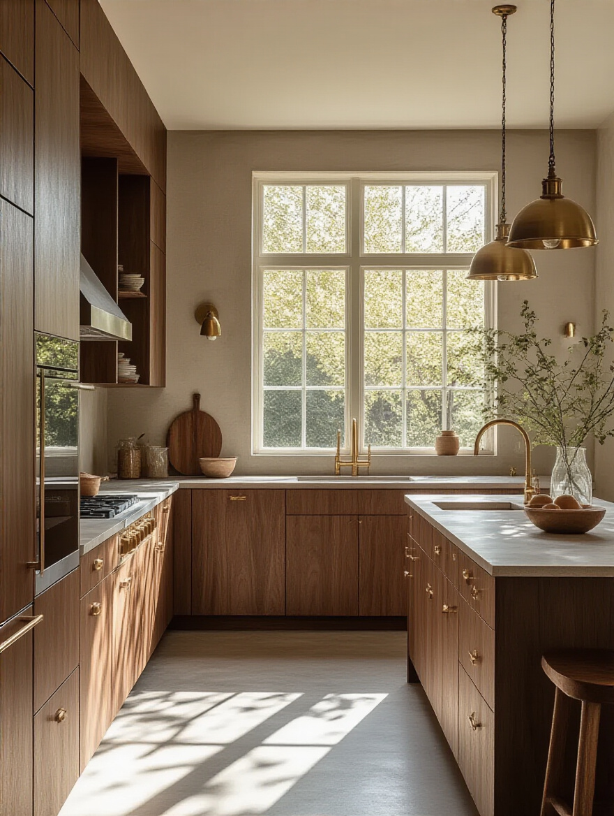 A cozy brown kitchen interior with walnut cabinetry and brass accents.