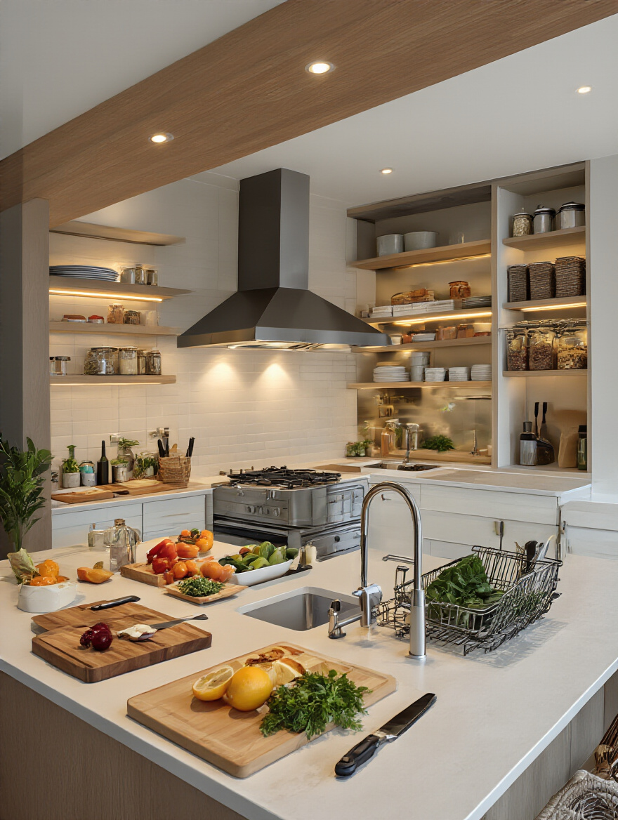 Modern kitchen showcasing distinct functional zones for cooking, cleaning, and preparation.