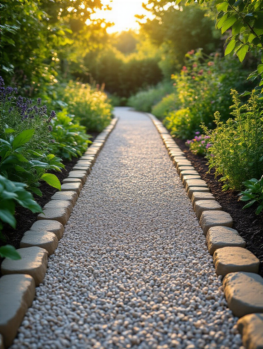 Wide smooth accessible garden pathway with stone edging and lush greenery for easy navigation