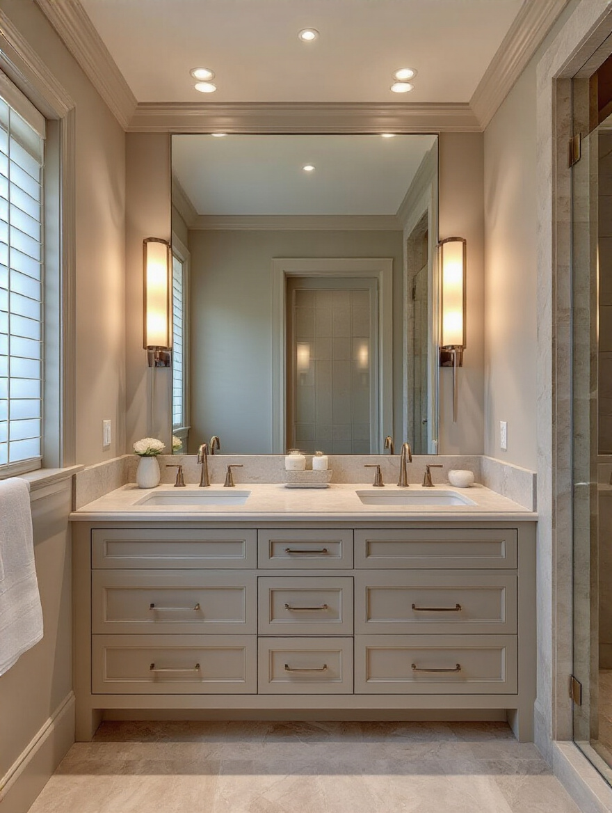 A master bathroom featuring layered lighting design with a focus on task and ambient lighting around the vanity.