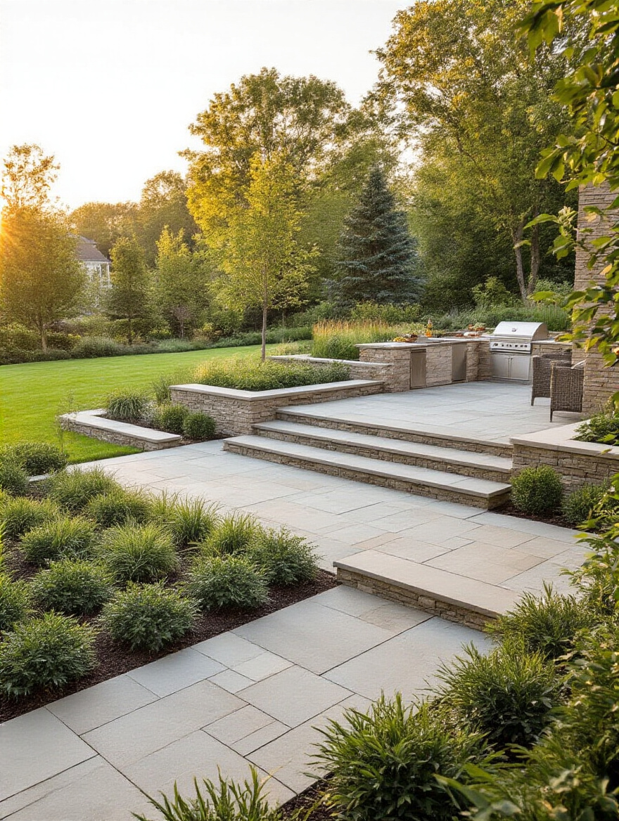 Cohesive lawn garden layout with integrated stone patios, walkways, and outdoor kitchen surrounded by lush greenery in a professional landscape design