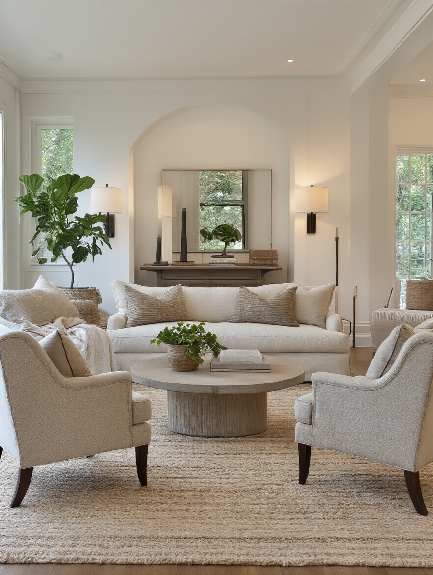 Living room with a visual pathway connecting chairs and sofa groupings using area rug and coordinated decor