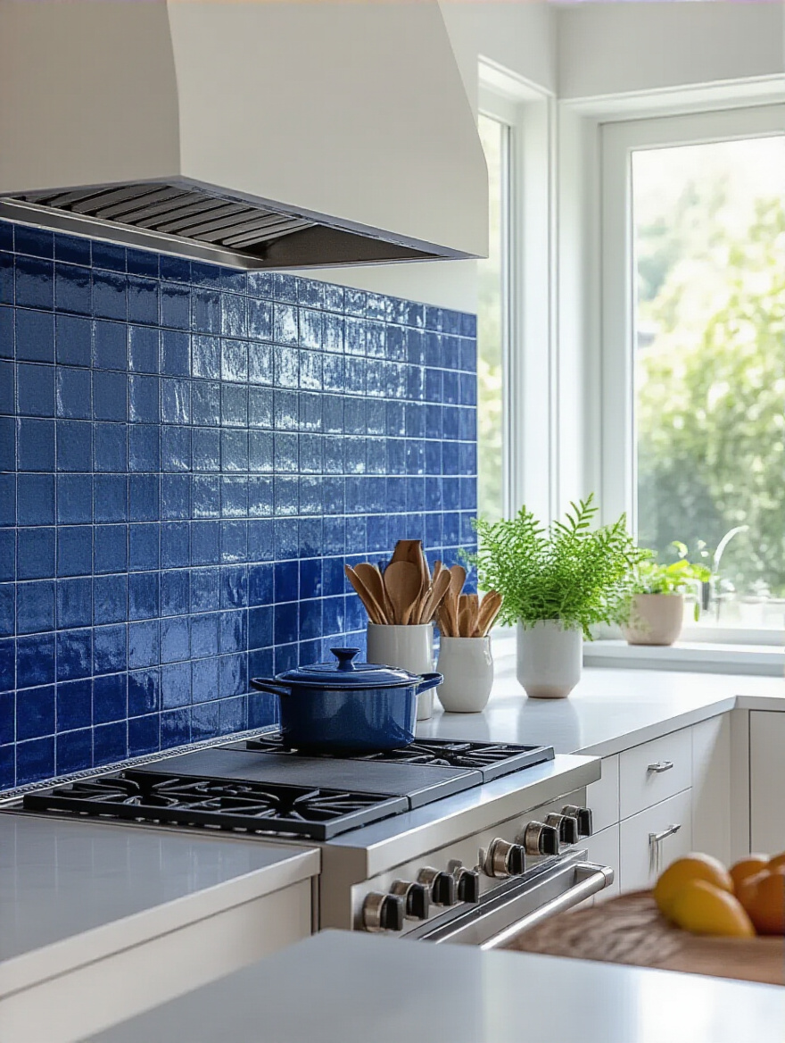 Modern kitchen with deep sapphire blue Zellige tile backsplash, showcasing texture and color contrast.