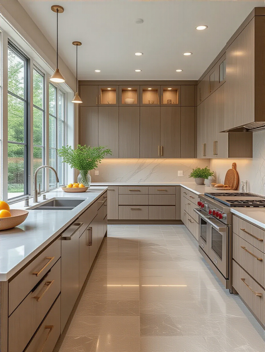 Modern kitchen designed for easy cleaning with quartz countertops, integrated sink, large porcelain tiles, and slab-style cabinetry