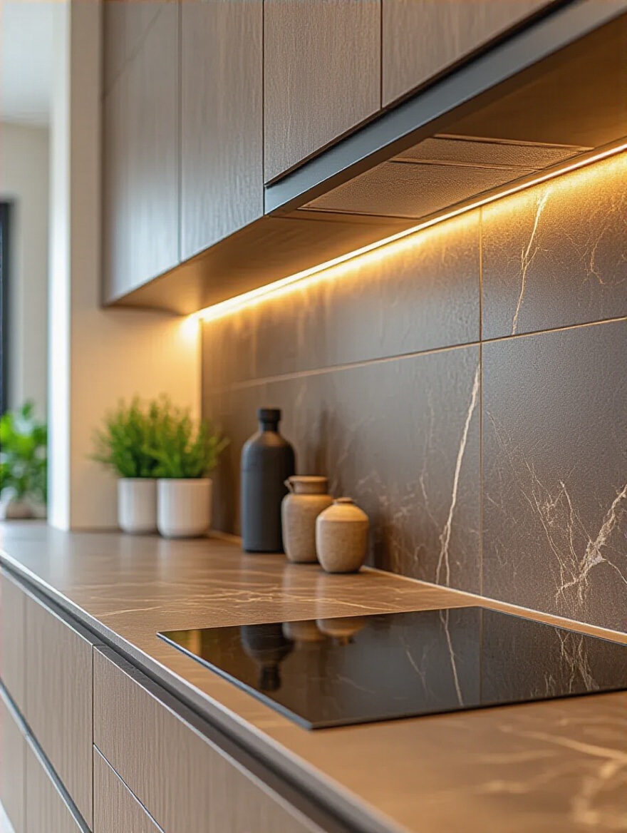 Modern kitchen with a brown backsplash featuring a mix of materials