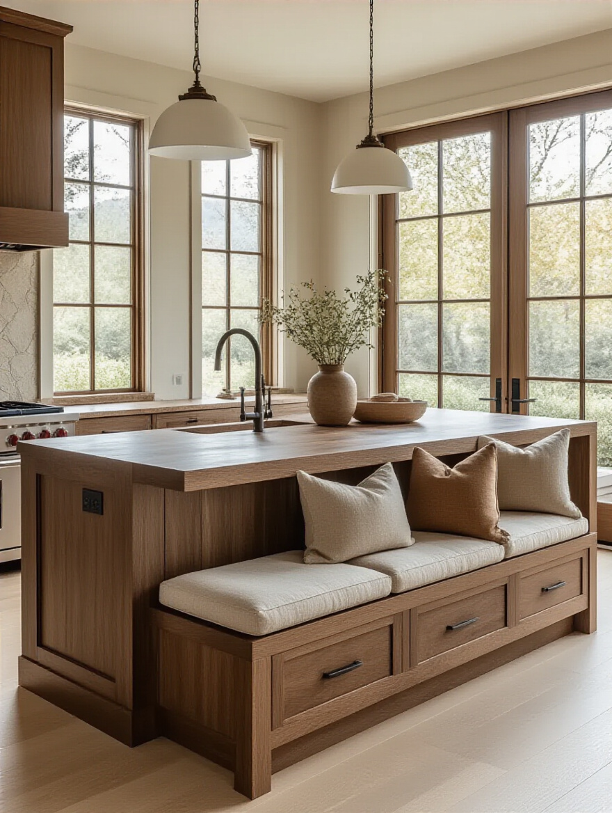 Custom brown kitchen island seating with integrated storage and warm lighting