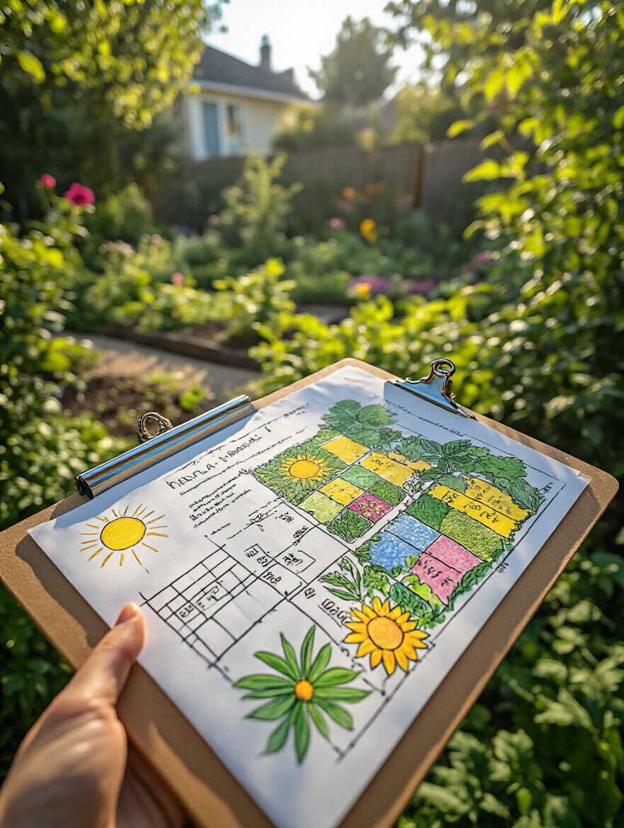 Hand-drawn garden map showing sun exposure zones with natural garden background under morning sunlight