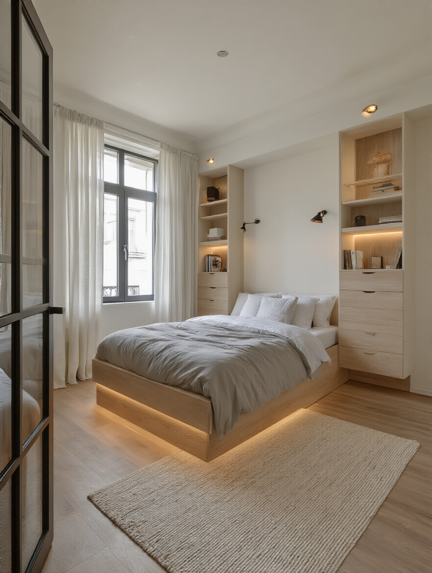 Modern bedroom with an optimal floor plan showcasing space-efficient furniture placement and clear pathways