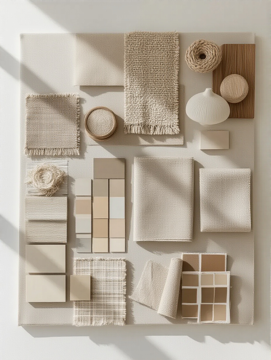 Visual mood board showcasing fabric swatches, paint chips, and furniture images for beige bedroom decoration