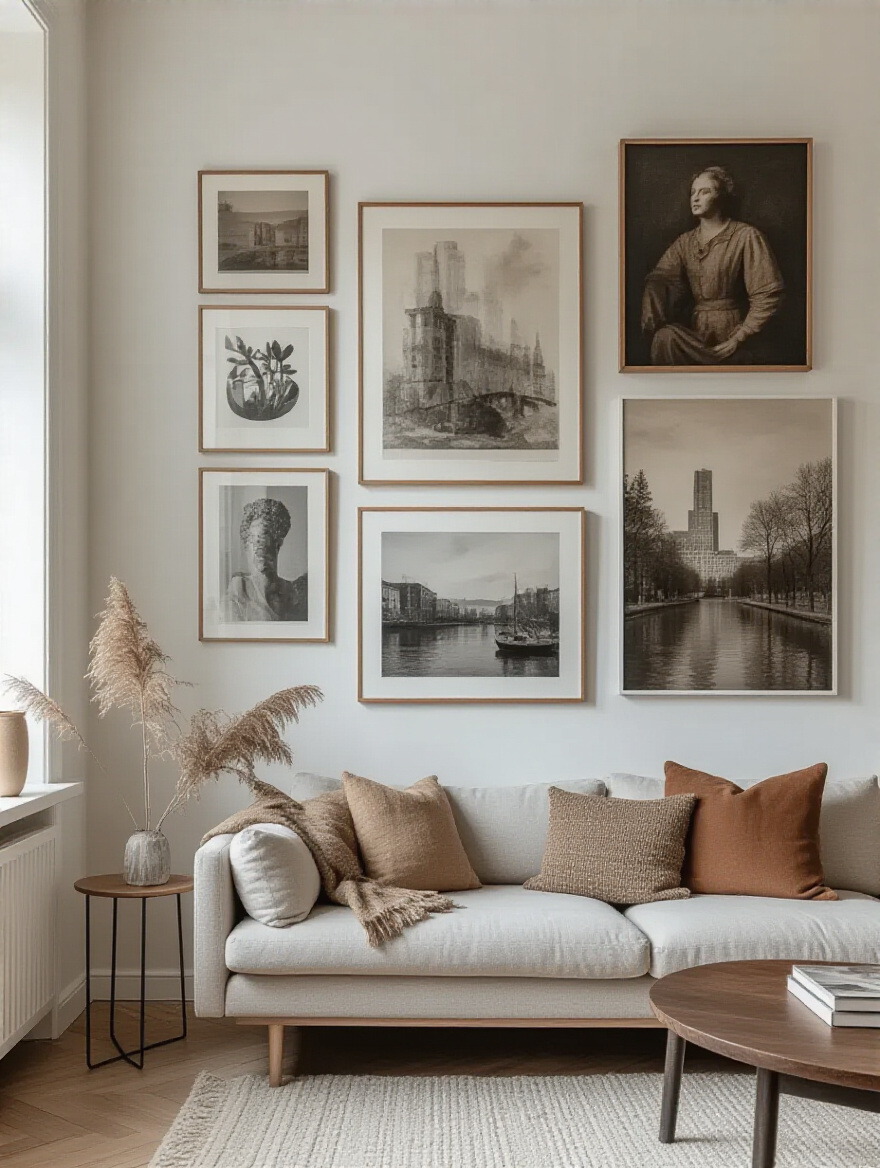 Apartment living room wall with curated art and photography gallery in stylish frames