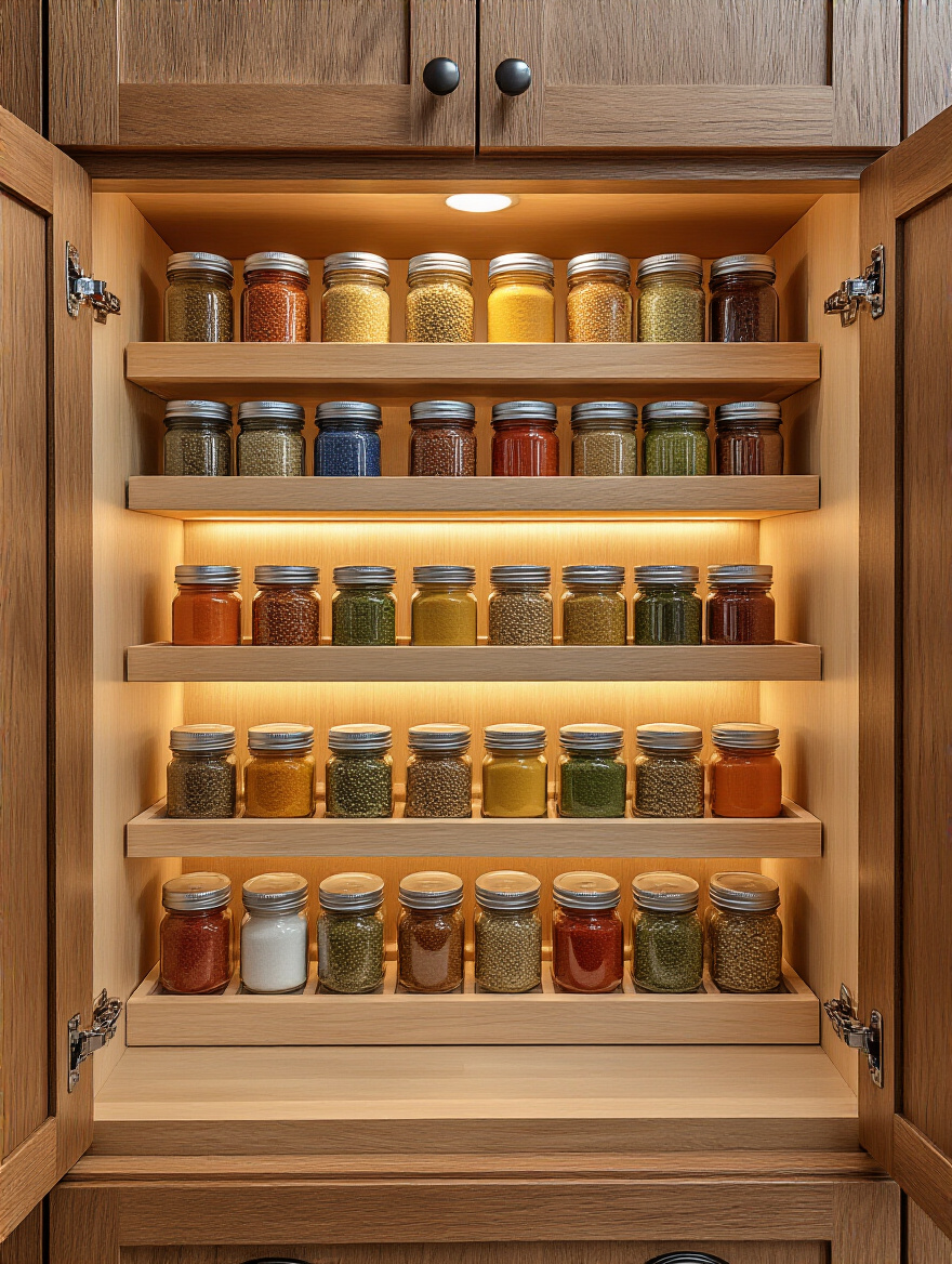 Organized kitchen cabinet with expandable tiered step risers displaying various spice jars