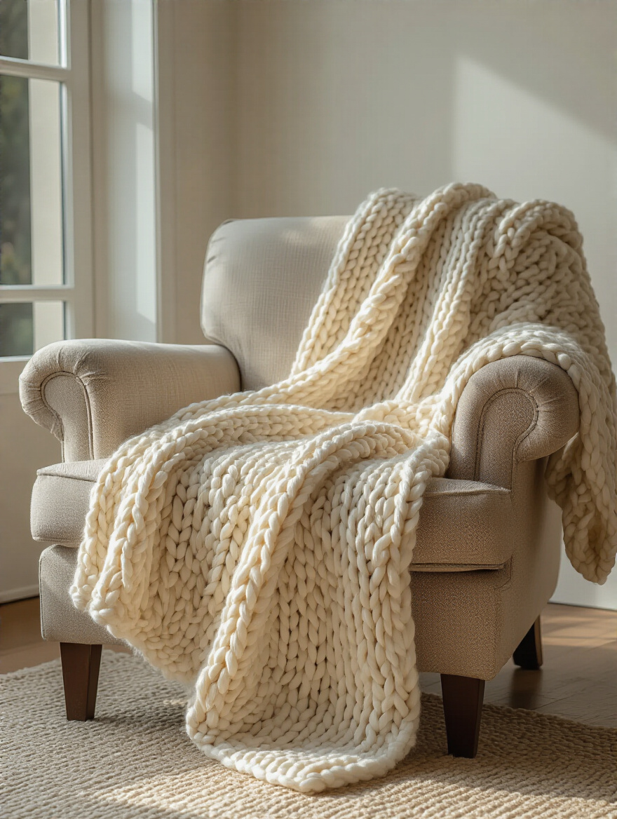 Cozy living room chair draped with a stylish cream chunky knit throw blanket, highlighting warmth and texture
