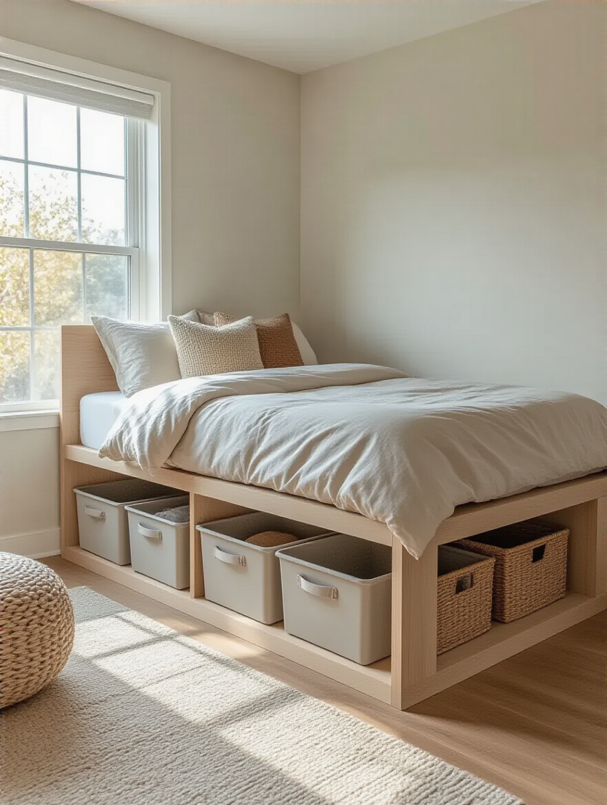 Elevated bed in a small bedroom with hidden underneath storage bins neatly organized
