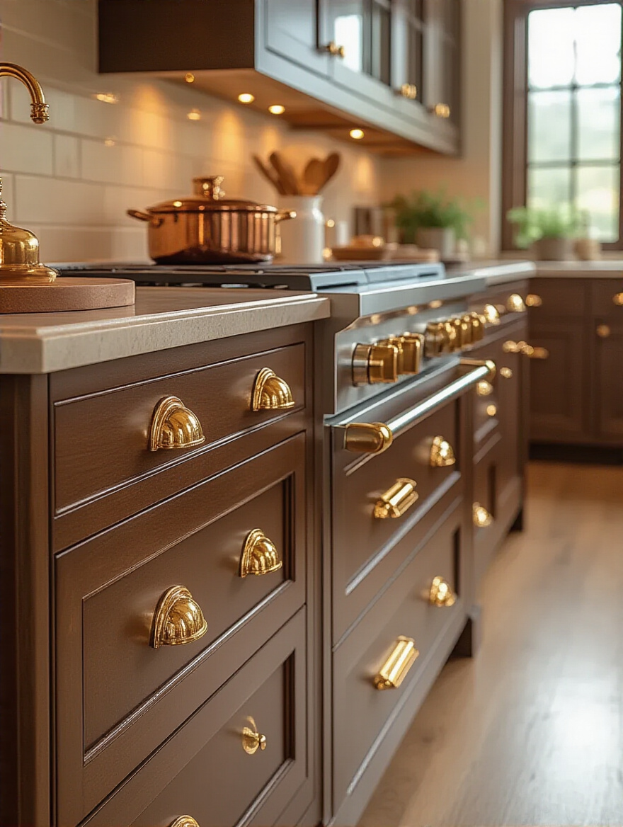 Cozy brown kitchen with polished brass and copper hardware