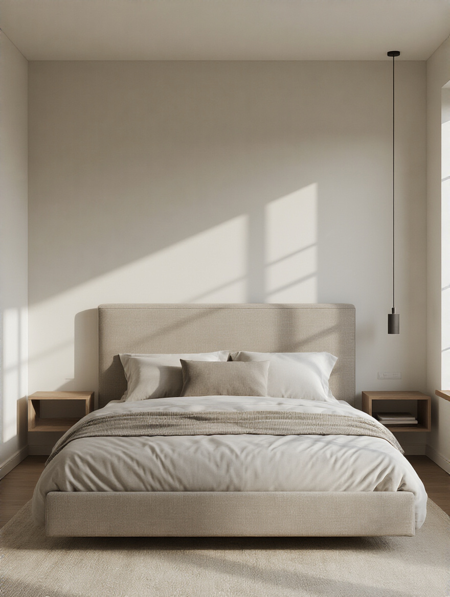 Modern small bedroom with a wall-mounted upholstered headboard and open floor space below, bright natural lighting