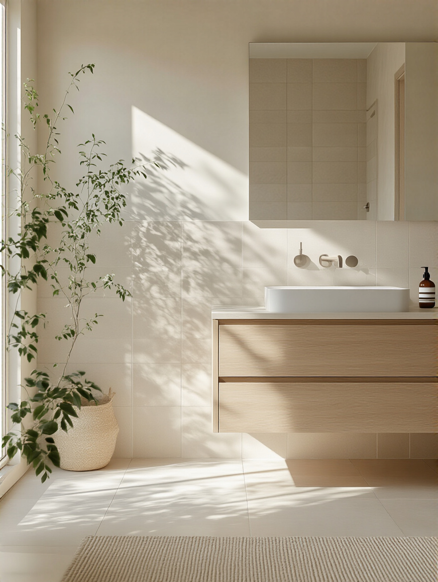 Minimalist bathroom with neutral color palette featuring white tiles, light wood vanity, and brushed nickel fixtures in soft natural light