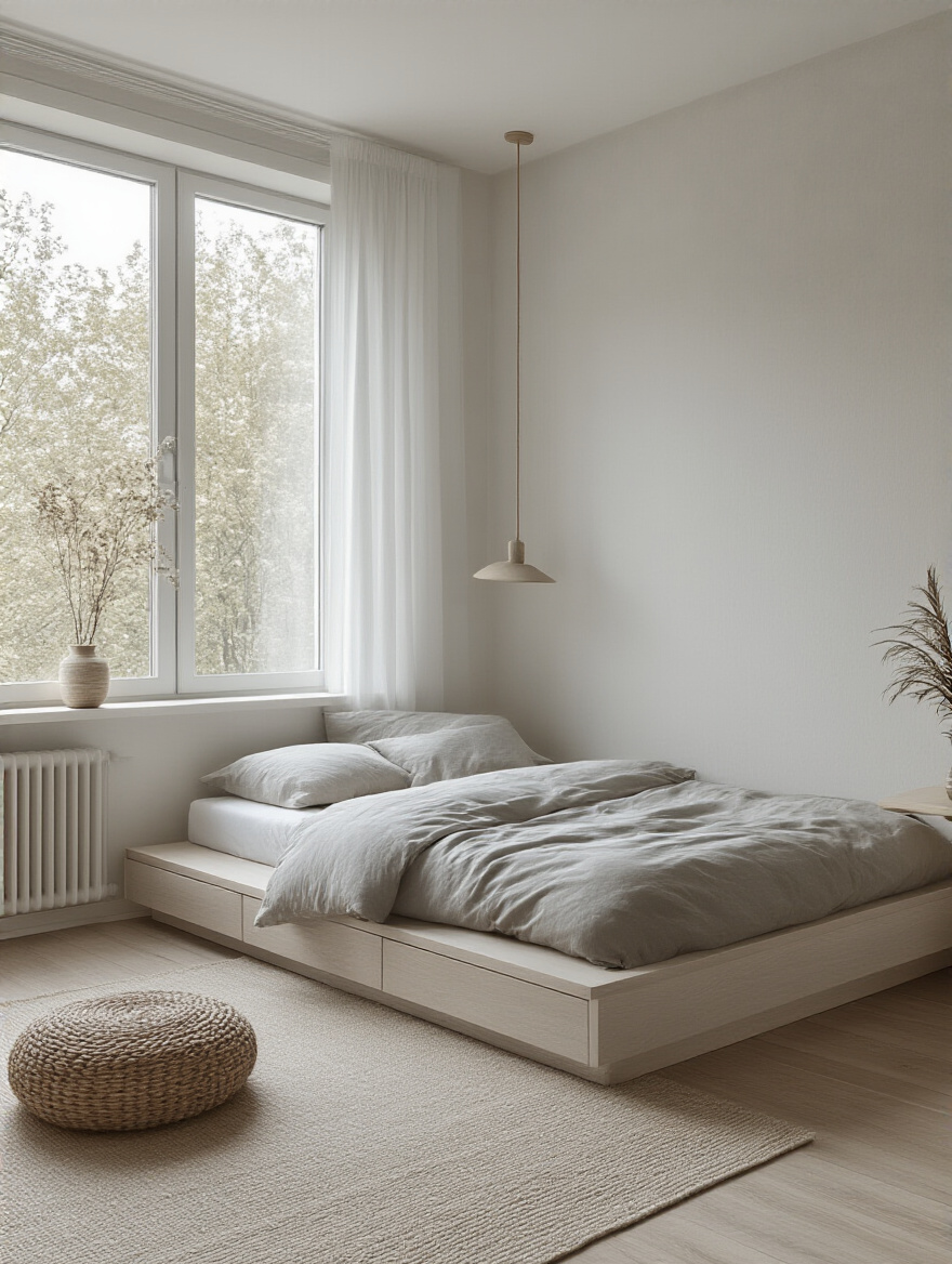 Small bedroom designed with minimalist decor, featuring clean lines, muted colors, and no visual clutter