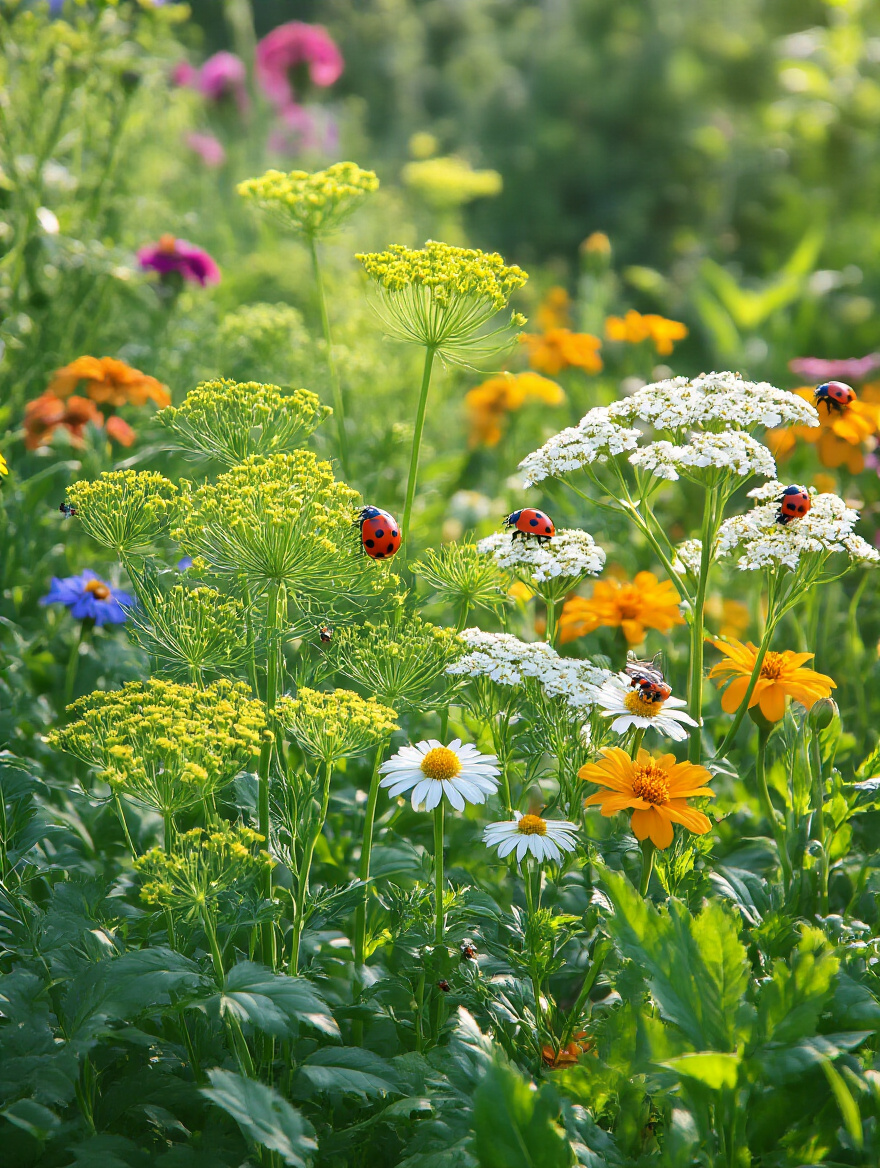 Portrait photo of a chemical-free garden using natural pest control with flowering plants and beneficial insects in natural light