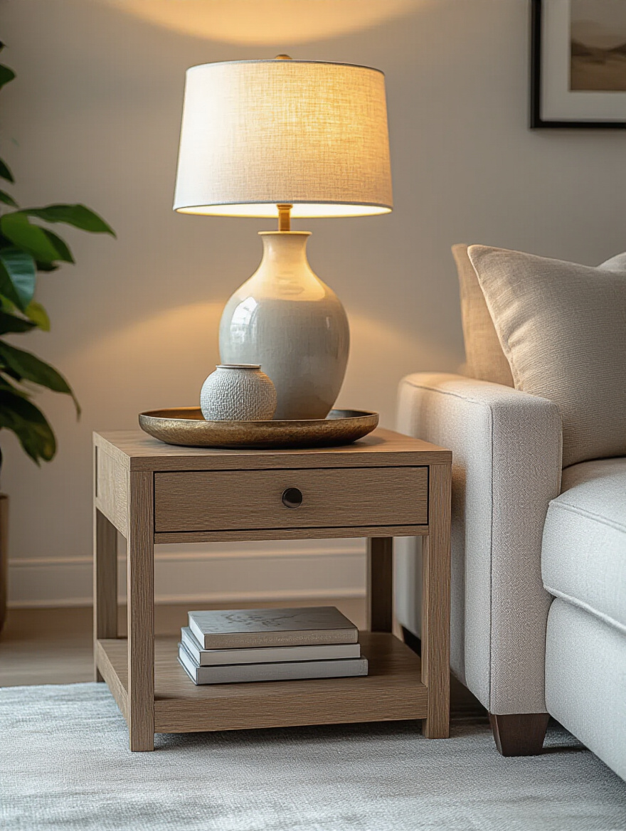 Stylish end table beside a modern sofa in a cozy living room setting