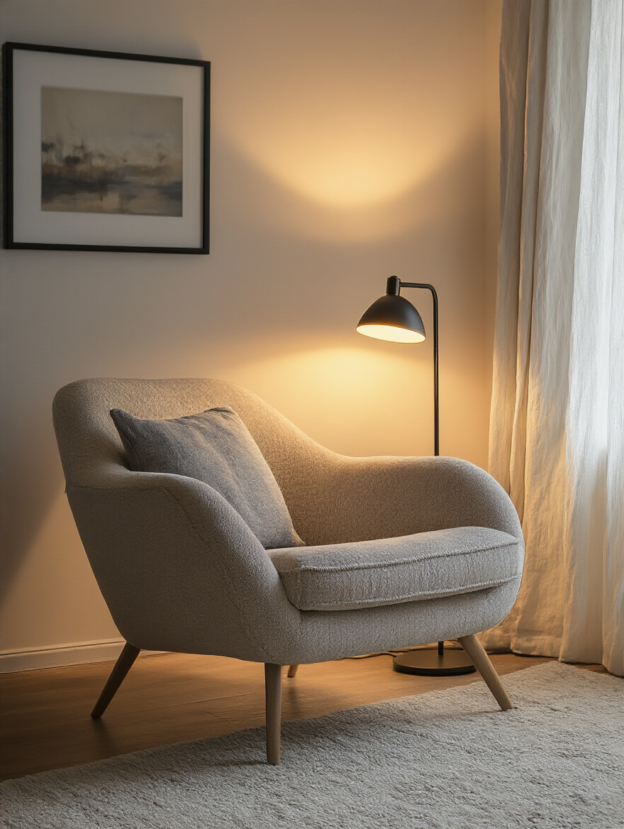 Cozy living room armchair illuminated with warm task and accent lighting creating a comfortable reading nook