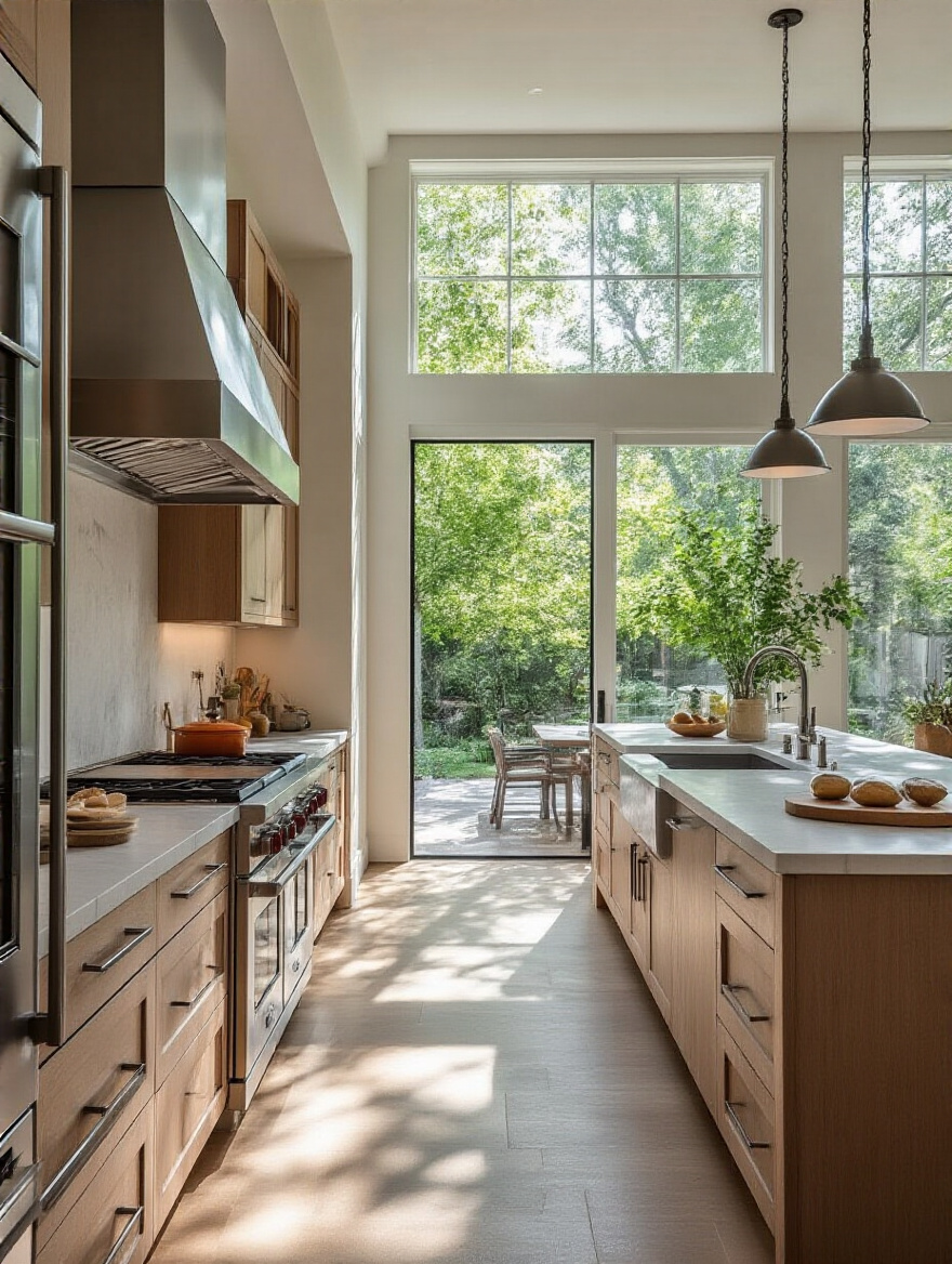 Modern kitchen showcasing ample traffic clearance around island and appliances