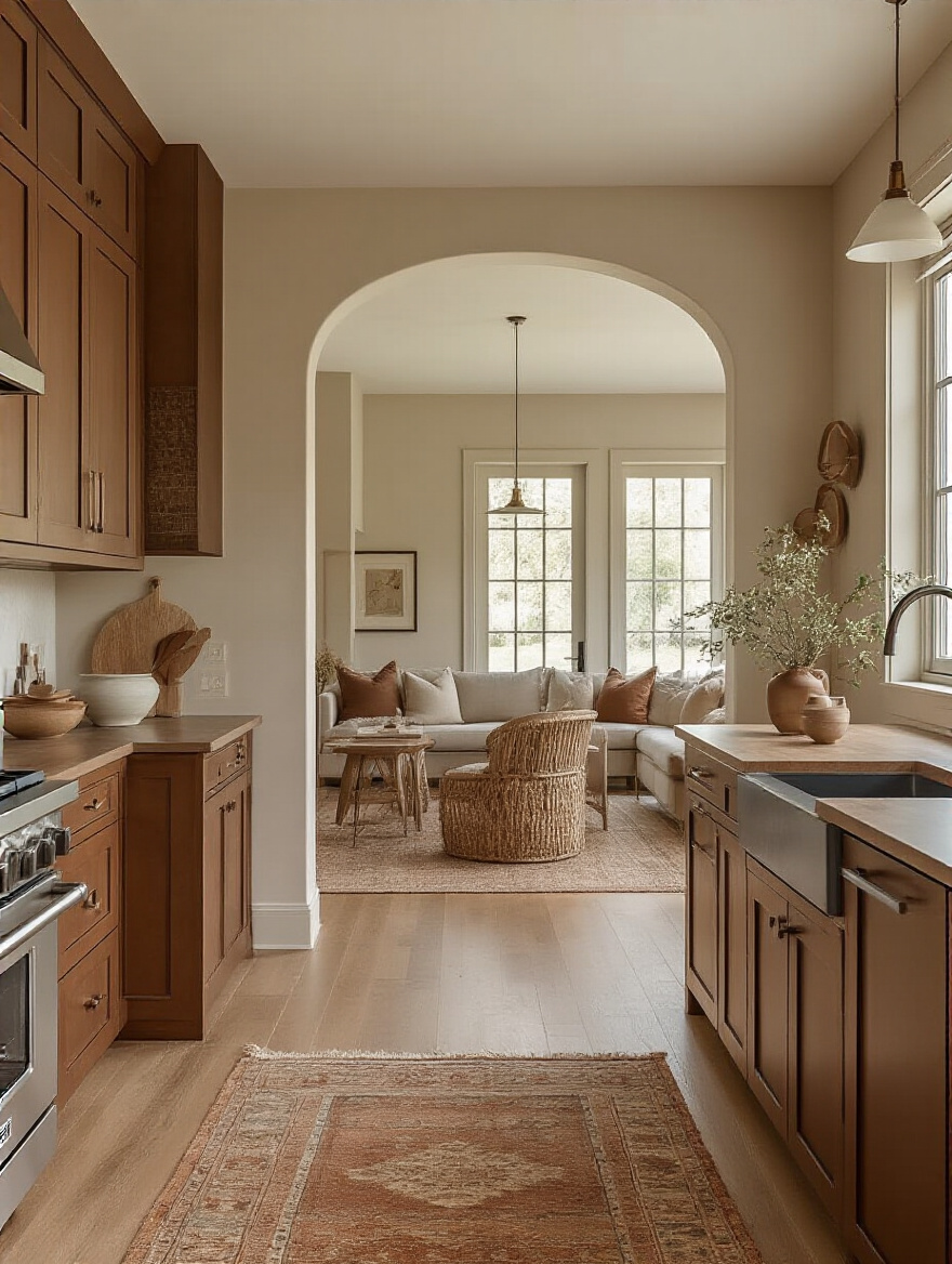 Seamless flow design between a brown kitchen and adjoining living space