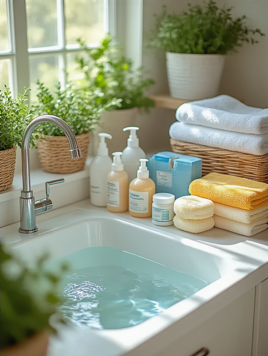 Well-organized pre-soak zone in a laundry room with a utility sink and stain removal products.