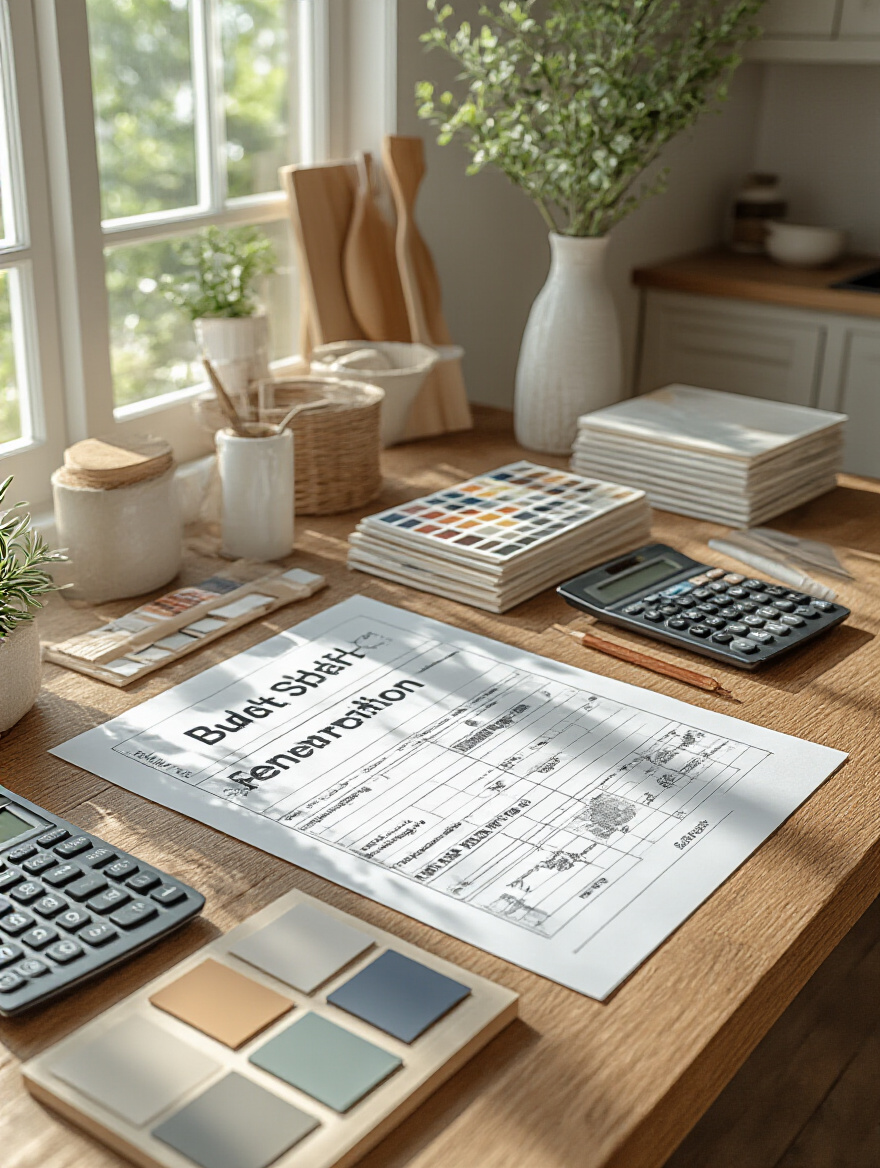 Top-down view of a kitchen renovation budget spreadsheet with design samples and calculator on wooden table