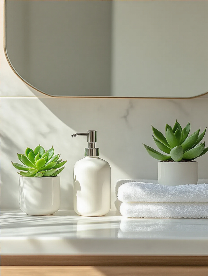 Minimalist bathroom countertop after ruthless decluttering with essential items neatly arranged