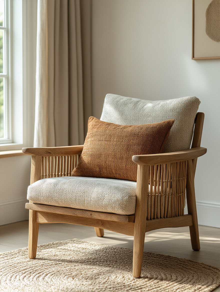 Eco-friendly living room chair made with sustainable materials like reclaimed wood and recycled fabric in a bright cozy setting
