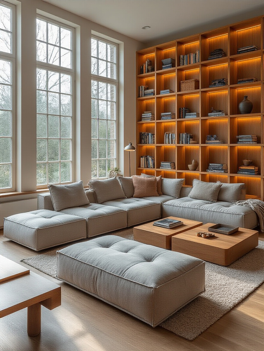 A modern living room with modular furniture showcasing adaptability and style.